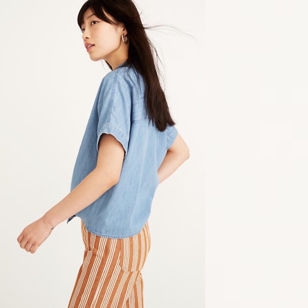 Madewell Denim Short Sleeve Tie Waist Top NWT - Picture 3 of 9